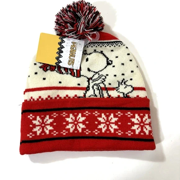 Snoopy Peanuts Pom Beanie Hat Woodstock One Size Stretch New Red White Sledding - Picture 7 of 9